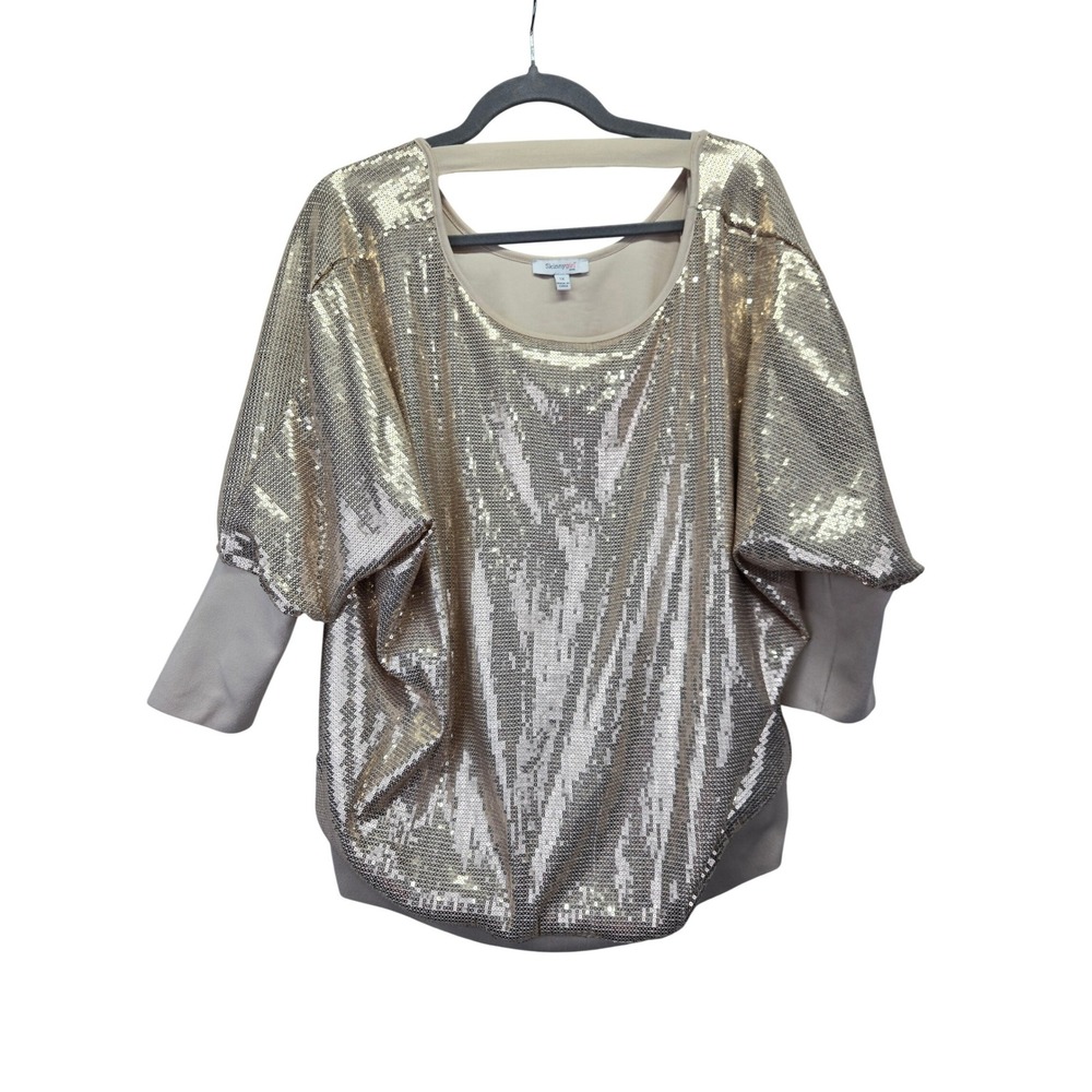 Skinnygirl Jeans Gold Sequin Dolman Sleeve Top 1X Plus‎ Size Cutout Back Blouse
